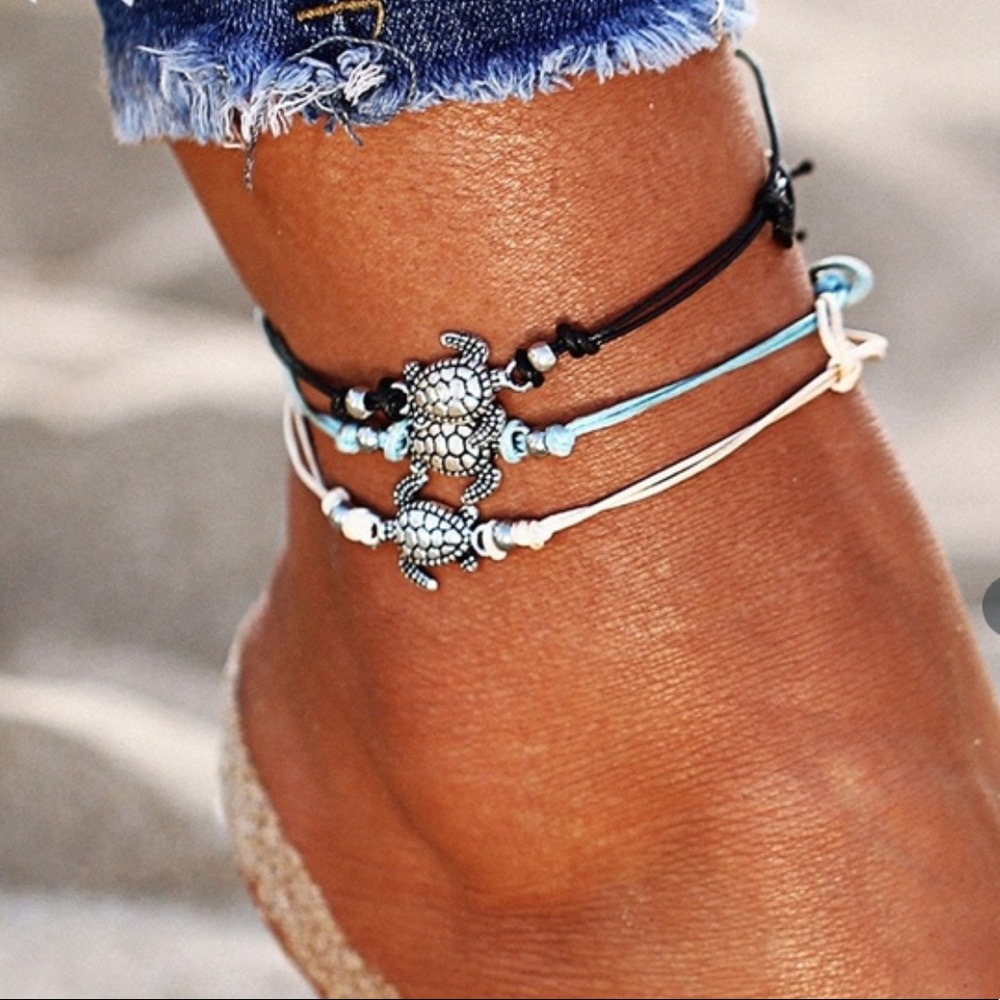 Ladies 3 pcs boho turtle beads adjustable anklets